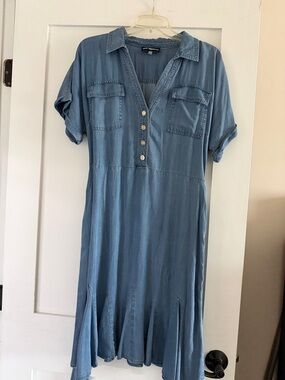Light Wash Denim Chambray Shirt Dress with Front Buttons